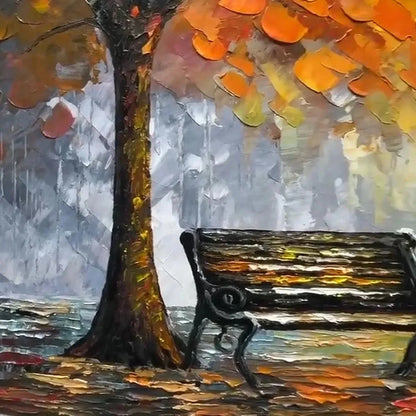 AUTUMN PARK BENCH: Impressionistic Park Painting in Orange and Grey | rolled canvas, ready for custom framing