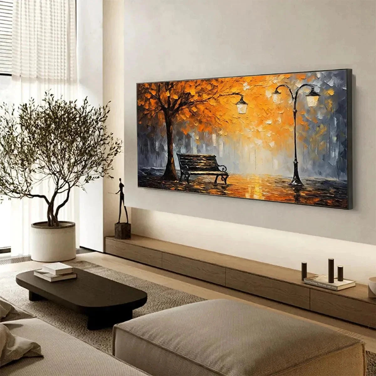 AUTUMN PARK BENCH: Impressionistic Park Painting in Orange and Grey | black frame version on white wall