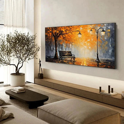 AUTUMN PARK BENCH: Impressionistic Park Painting in Orange and Grey | black frame version on white wall
