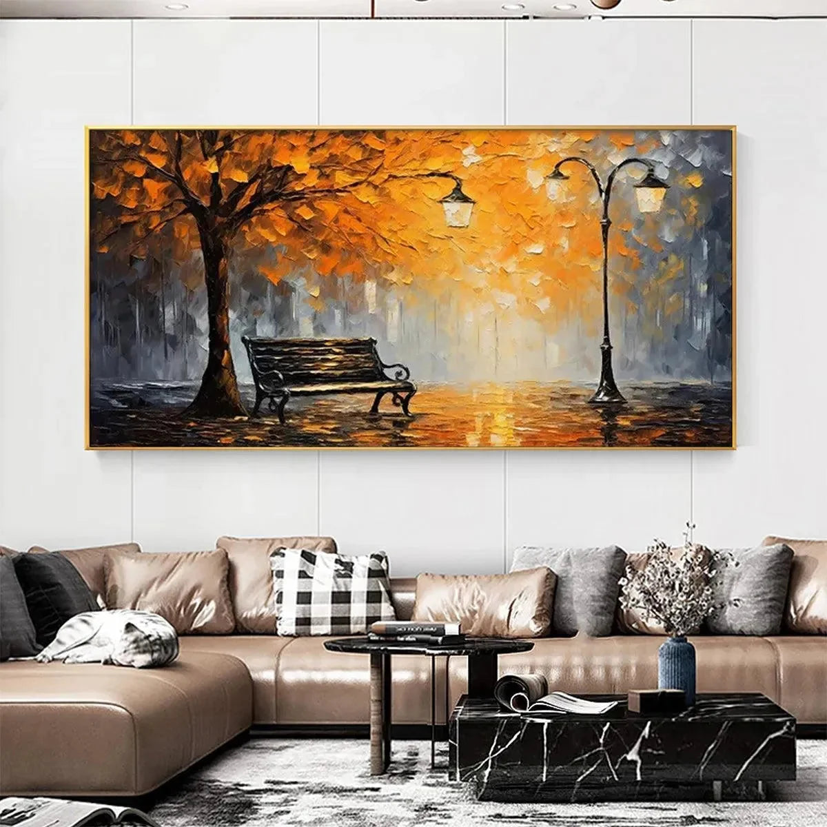 AUTUMN PARK BENCH: Impressionistic Park Painting in Orange and Grey | impressionist mood, soft natural light studio shot