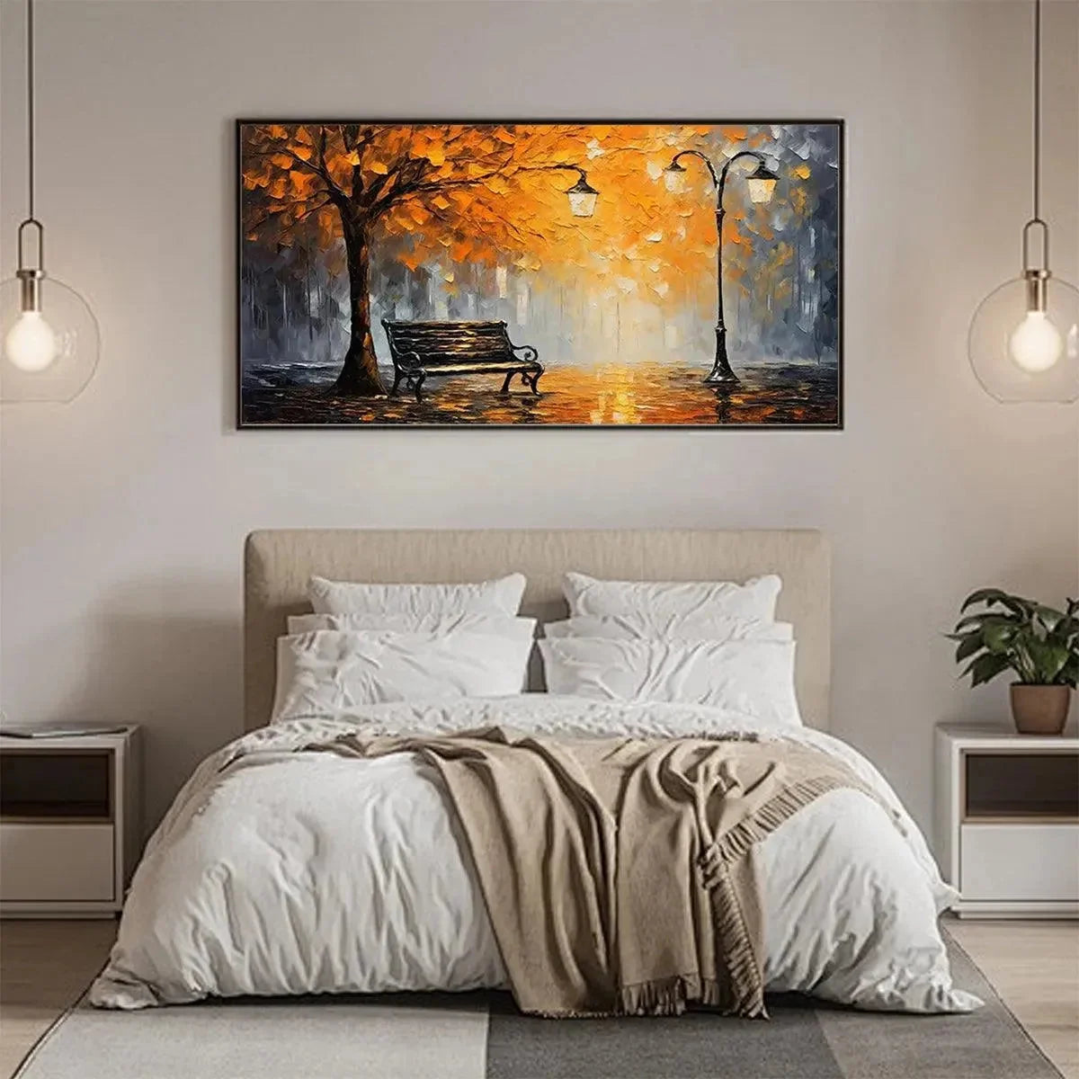 AUTUMN PARK BENCH: Impressionistic Park Painting in Orange and Grey | multi palette, original bedroom art