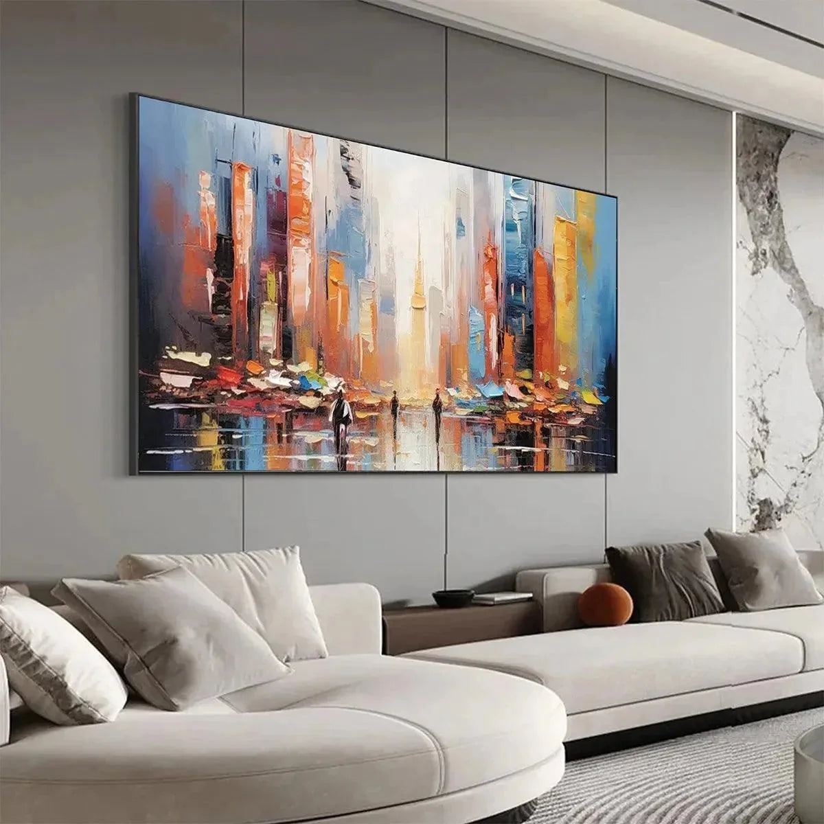 CITY MARKET: Colorful Cityscape Painting | gold frame stretched on neutral wall