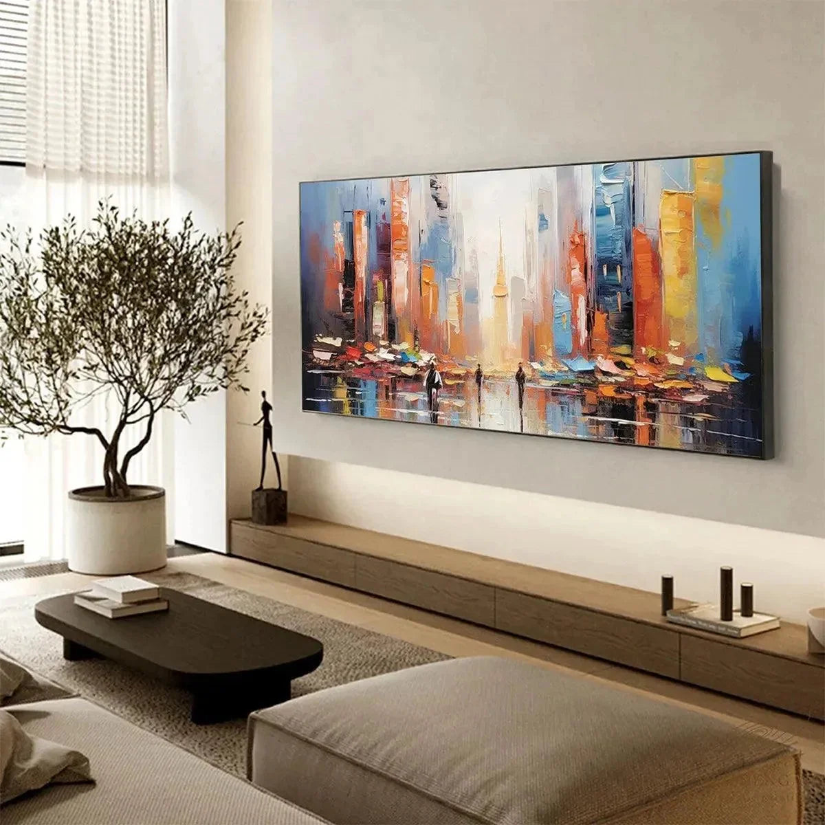 CITY MARKET: Colorful Cityscape Painting | black frame version on white wall