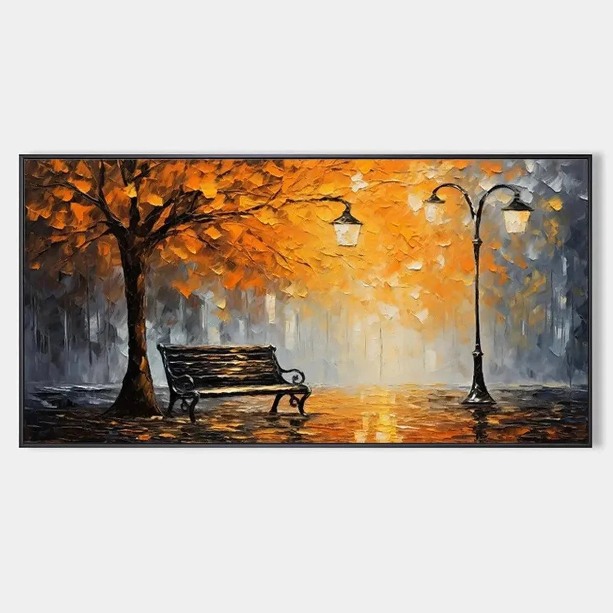 AUTUMN PARK BENCH: Impressionistic Park Painting in Orange and Grey | hanging in living room, impressionist wall art