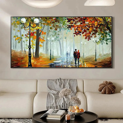 AUTUMN PARK STROLL: Romantic Park Landscape Painting, Horizontal Wall Art | textured closeup, raised brushwork detail