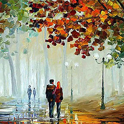 AUTUMN PARK STROLL: Romantic Park Landscape Painting, Horizontal Wall Art | rectangular format, hand-painted canvas edge