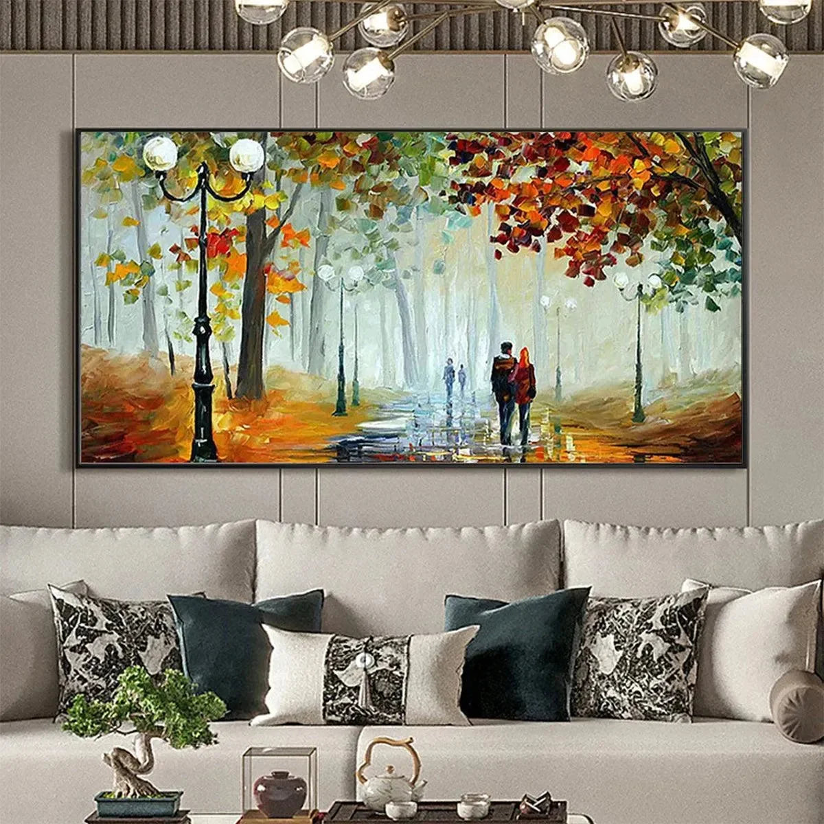 AUTUMN PARK STROLL: Romantic Park Landscape Painting, Horizontal Wall Art | gold frame stretched on neutral wall