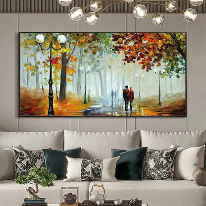 AUTUMN PARK STROLL: Romantic Park Landscape Painting, Horizontal Wall Art | gold frame stretched on neutral wall