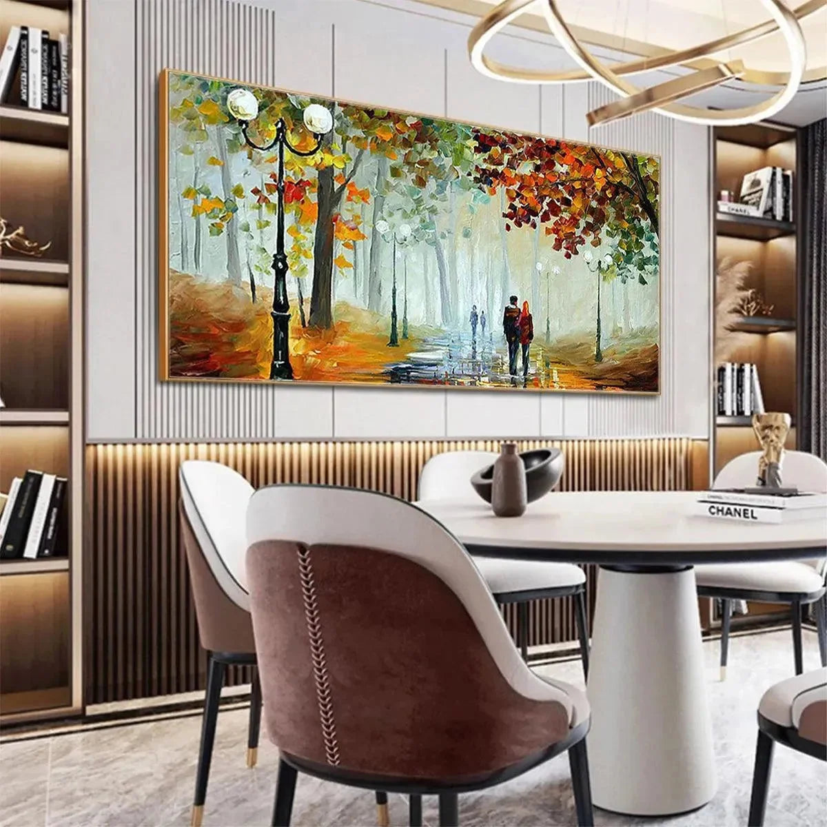 AUTUMN PARK STROLL: Romantic Park Landscape Painting, Horizontal Wall Art | rolled canvas, ready for custom framing