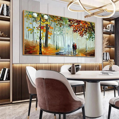 AUTUMN PARK STROLL: Romantic Park Landscape Painting, Horizontal Wall Art | rolled canvas, ready for custom framing