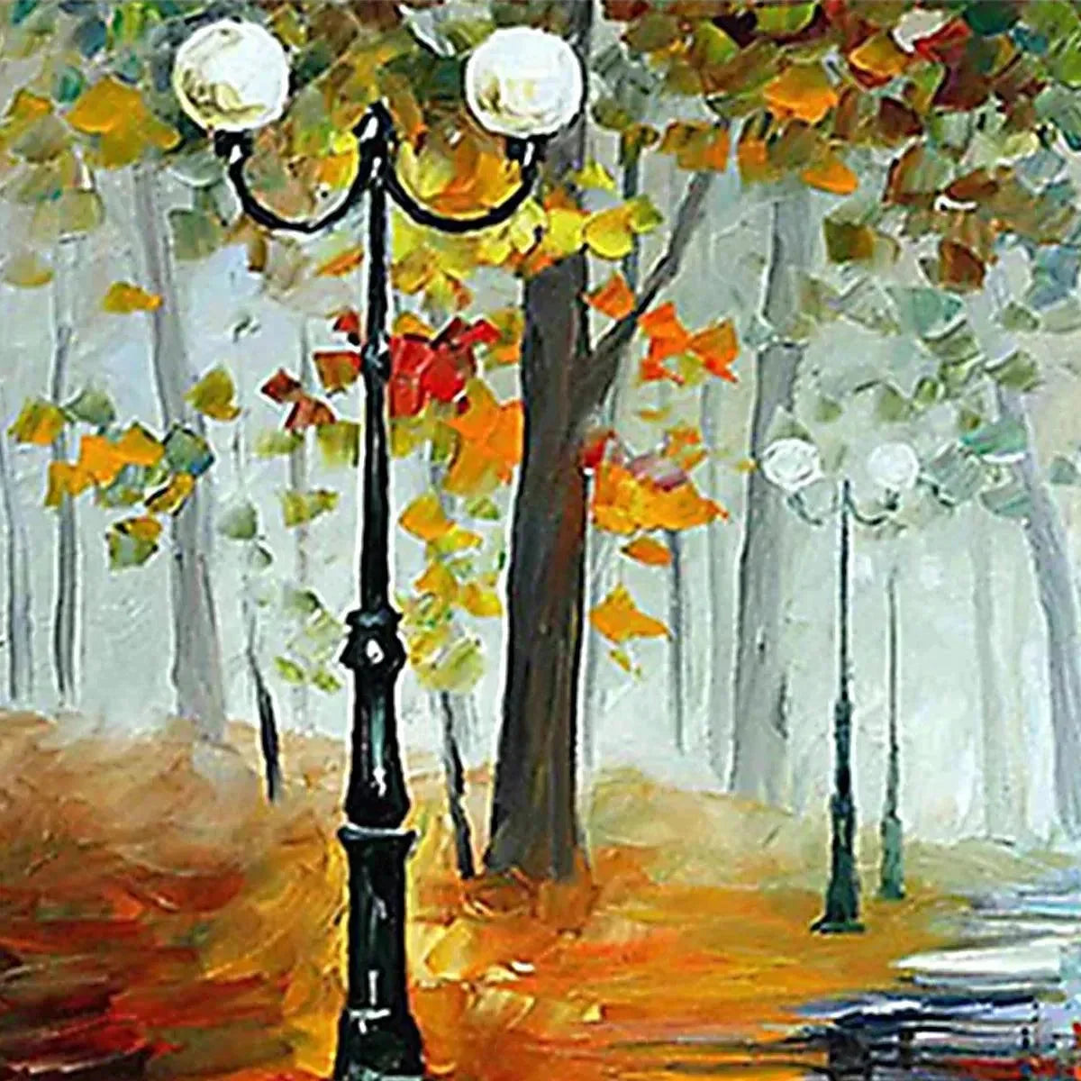 AUTUMN PARK STROLL: Romantic Park Landscape Painting, Horizontal Wall Art | black frame version on white wall