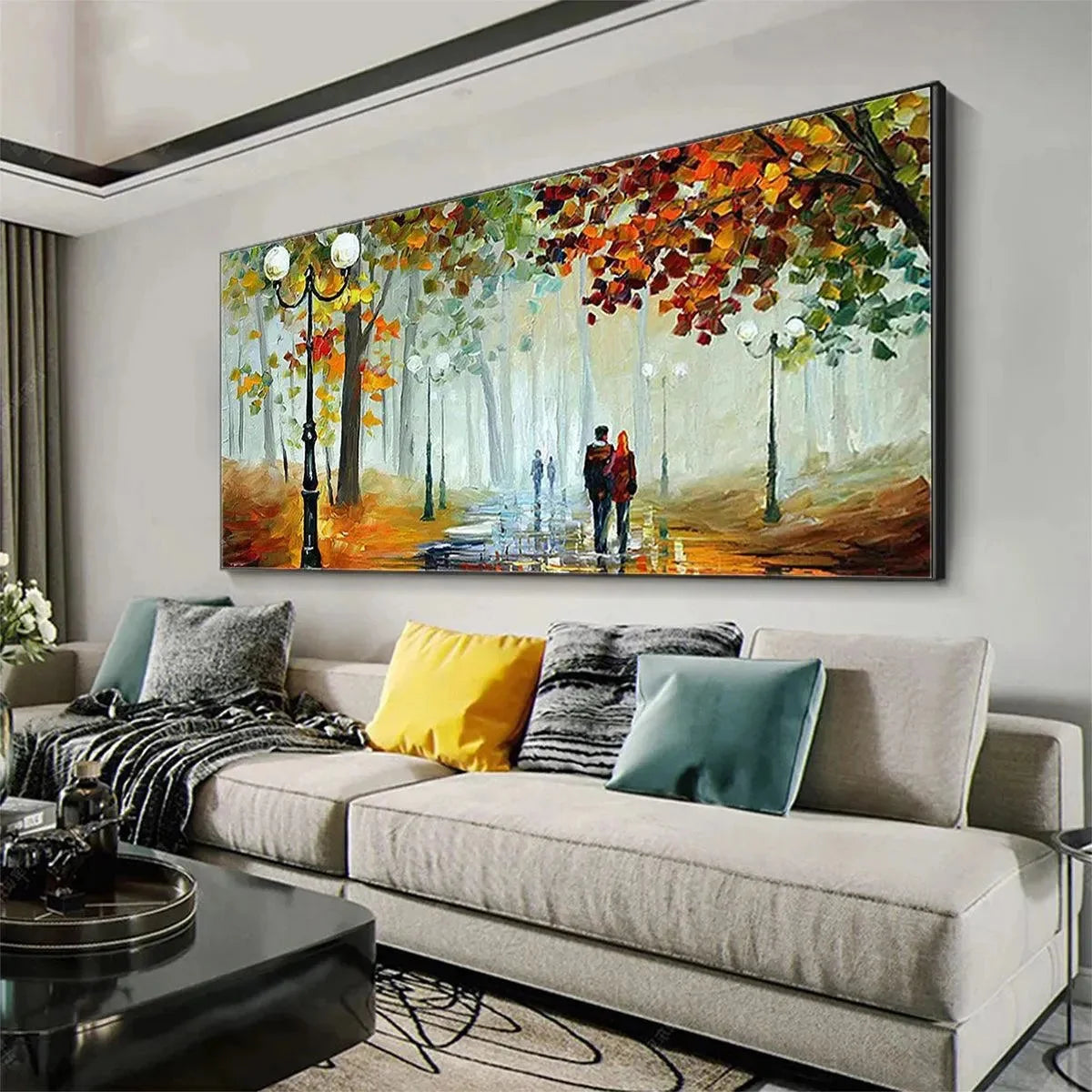 AUTUMN PARK STROLL: Romantic Park Landscape Painting, Horizontal Wall Art | textured mood, soft natural light studio shot