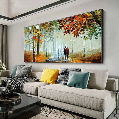 AUTUMN PARK STROLL: Romantic Park Landscape Painting, Horizontal Wall Art | textured mood, soft natural light studio shot
