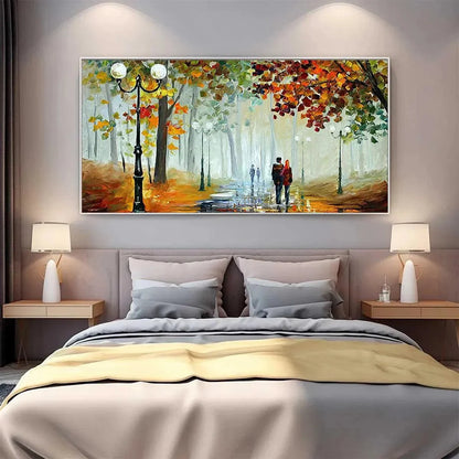 AUTUMN PARK STROLL: Romantic Park Landscape Painting, Horizontal Wall Art | multi palette, original dining room art