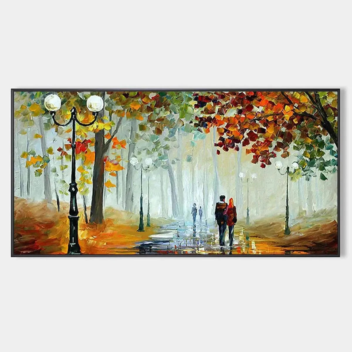 AUTUMN PARK STROLL: Romantic Park Landscape Painting, Horizontal Wall Art | hanging in living room, textured wall art