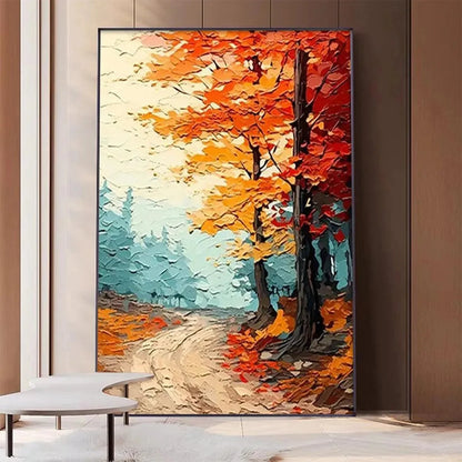 AUTUMN PATH: Textured Forest Path Painting, Orange and Blue Wall Art, Vertical Canvas, Impasto Decor | impasto closeup, raised brushwork detail