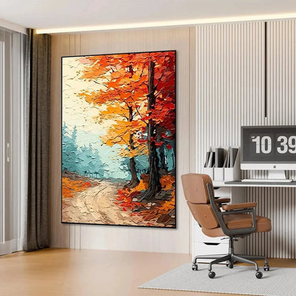 AUTUMN PATH: Textured Forest Path Painting, Orange and Blue Wall Art, Vertical Canvas, Impasto Decor | gold frame stretched on neutral wall