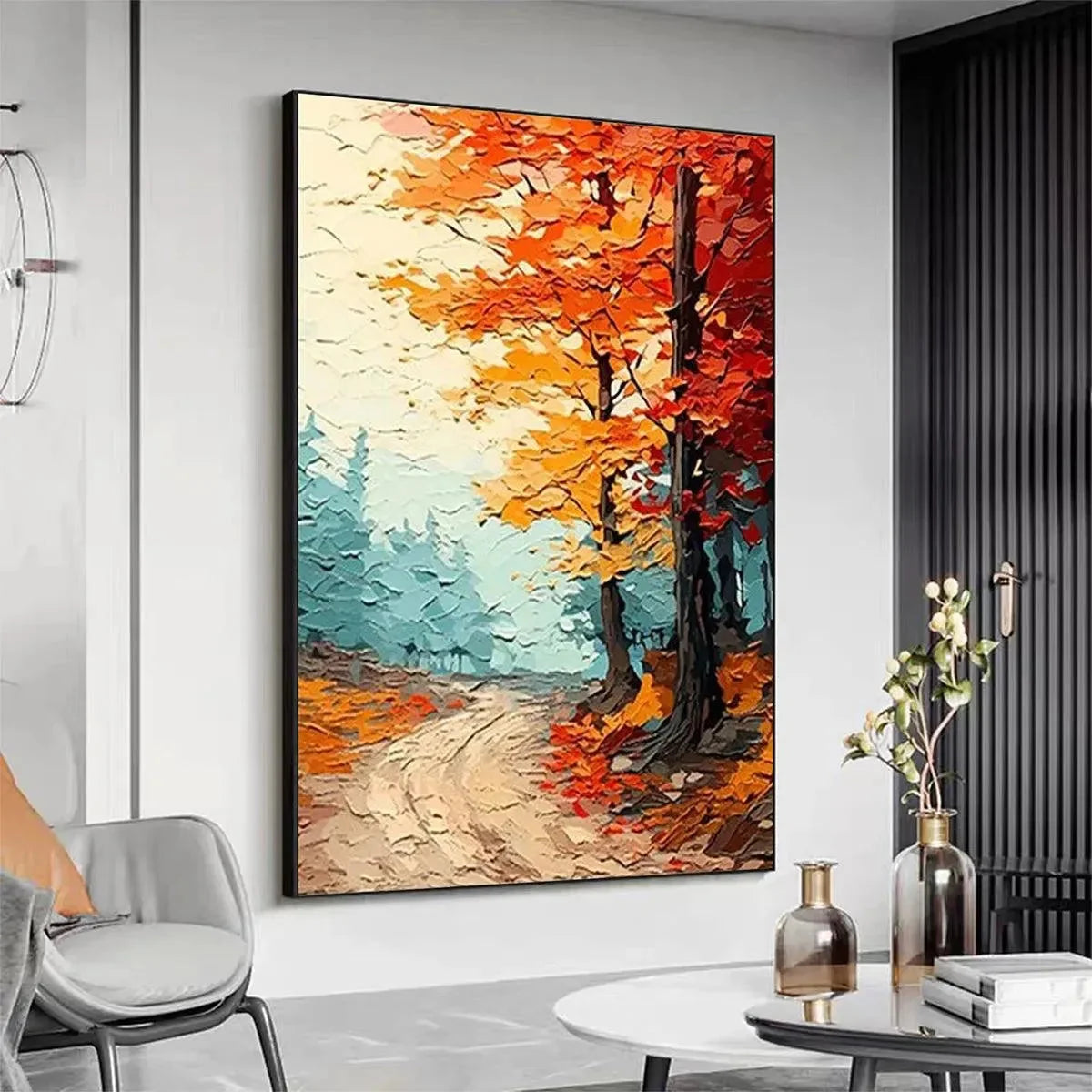 AUTUMN PATH: Textured Forest Path Painting, Orange and Blue Wall Art, Vertical Canvas, Impasto Decor | rolled canvas, ready for custom framing