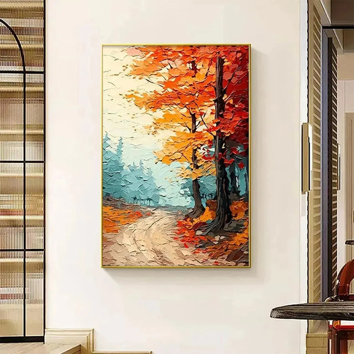 AUTUMN PATH: Textured Forest Path Painting, Orange and Blue Wall Art, Vertical Canvas, Impasto Decor | black frame version on white wall