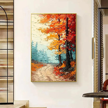 AUTUMN PATH: Textured Forest Path Painting, Orange and Blue Wall Art, Vertical Canvas, Impasto Decor | black frame version on white wall