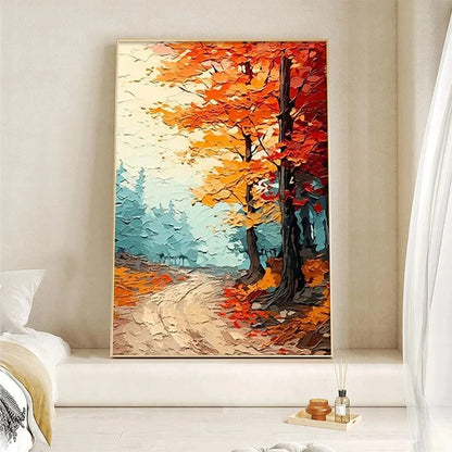 AUTUMN PATH: Textured Forest Path Painting, Orange and Blue Wall Art, Vertical Canvas, Impasto Decor | impasto mood, soft natural light studio shot