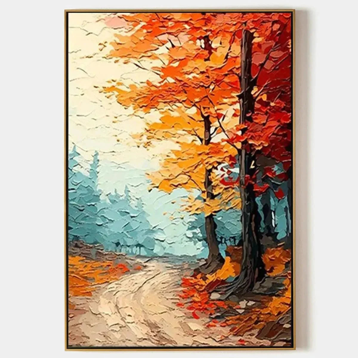 AUTUMN PATH: Textured Forest Path Painting, Orange and Blue Wall Art, Vertical Canvas, Impasto Decor | hanging in living room, impasto wall art