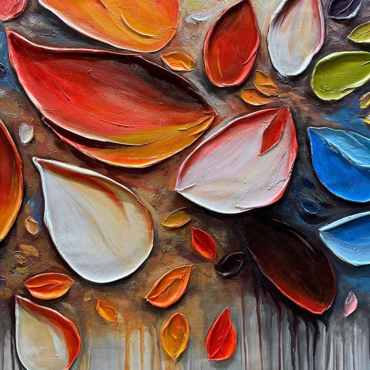 AUTUMN RAIN: Textured Impasto Leaf Fall Oil Painting | rectangular format, hand-painted canvas edge