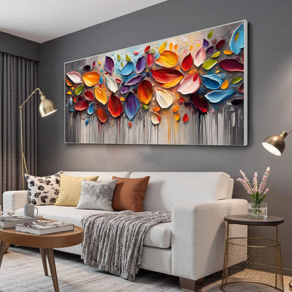 AUTUMN RAIN: Textured Impasto Leaf Fall Oil Painting | gold frame stretched on neutral wall