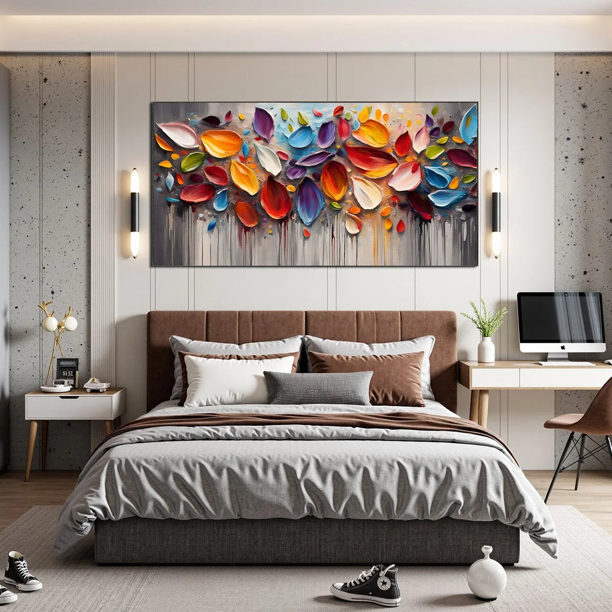 AUTUMN RAIN: Textured Impasto Leaf Fall Oil Painting | black frame version on white wall