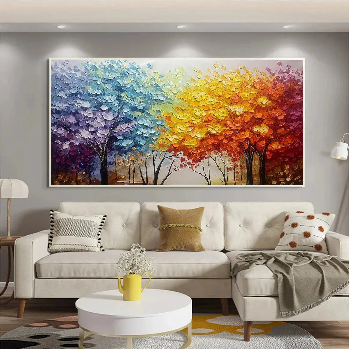 AUTUMN RAINBOW: Panoramic Tree Painting in Vibrant Colors, Textured Canvas, Modern Wall Art | textured closeup, raised brushwork detail