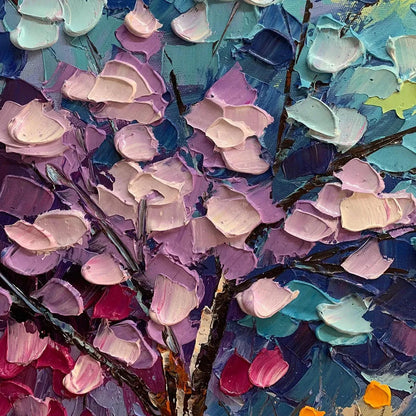AUTUMN RAINBOW: Panoramic Tree Painting in Vibrant Colors, Textured Canvas, Modern Wall Art | rectangular format, hand-painted canvas edge