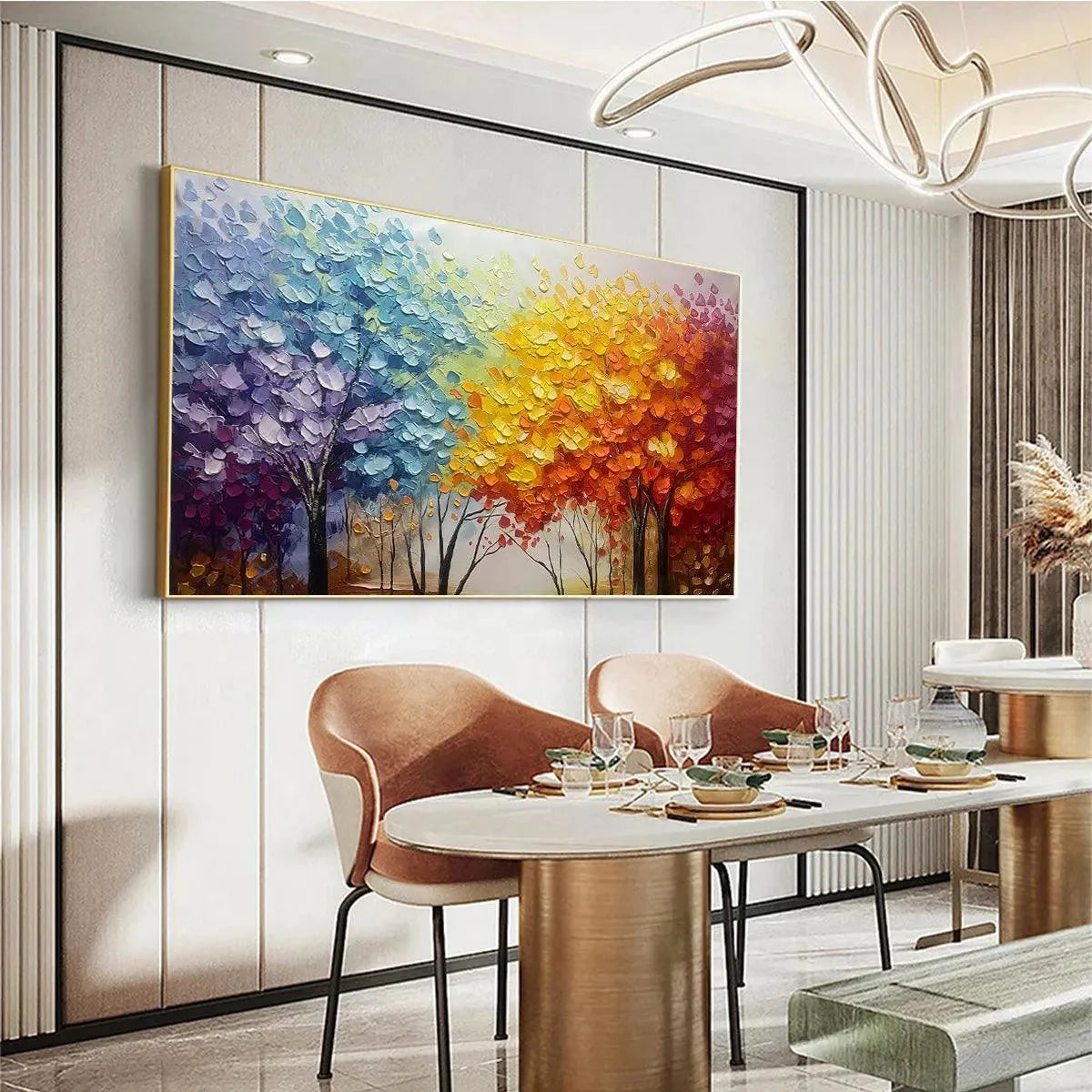 AUTUMN RAINBOW: Panoramic Tree Painting in Vibrant Colors, Textured Canvas, Modern Wall Art | gold frame stretched on neutral wall
