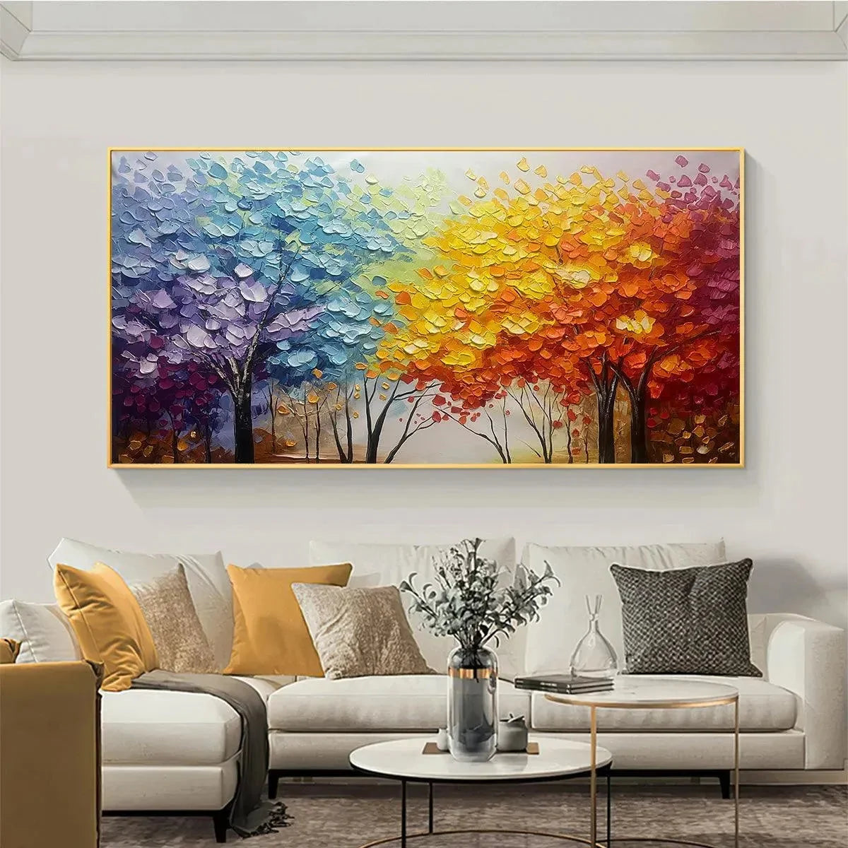 AUTUMN RAINBOW: Panoramic Tree Painting in Vibrant Colors, Textured Canvas, Modern Wall Art | black frame version on white wall