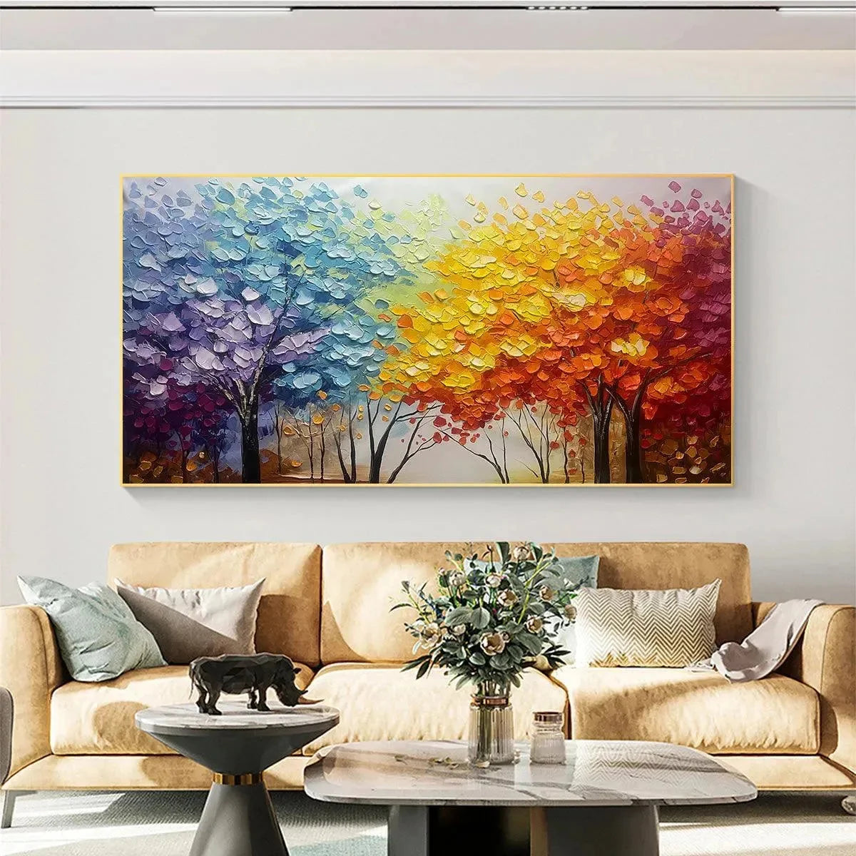 AUTUMN RAINBOW: Panoramic Tree Painting in Vibrant Colors, Textured Canvas, Modern Wall Art | textured mood, soft natural light studio shot