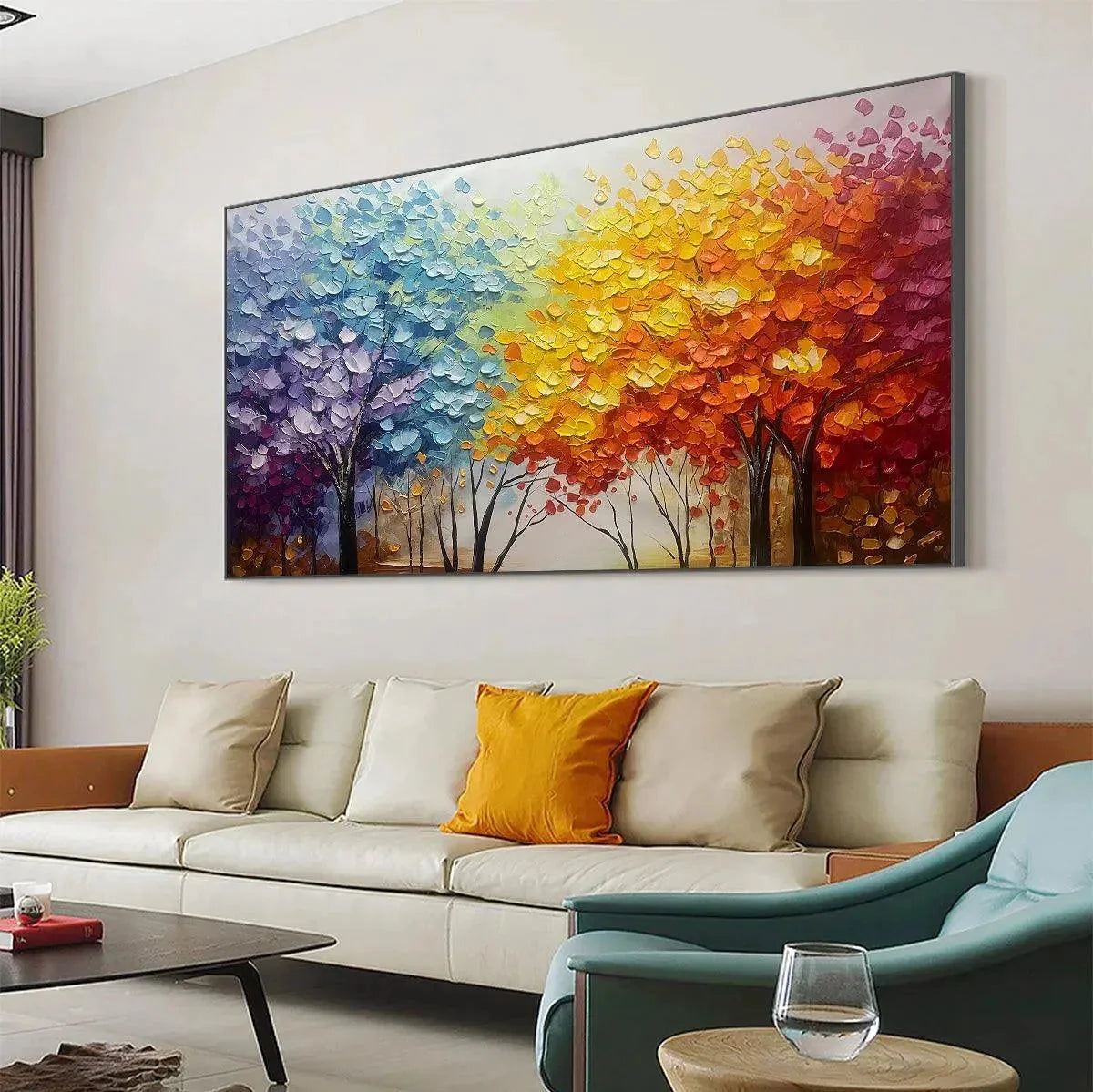 AUTUMN RAINBOW: Panoramic Tree Painting in Vibrant Colors, Textured Canvas, Modern Wall Art | colorful palette, original dining room art