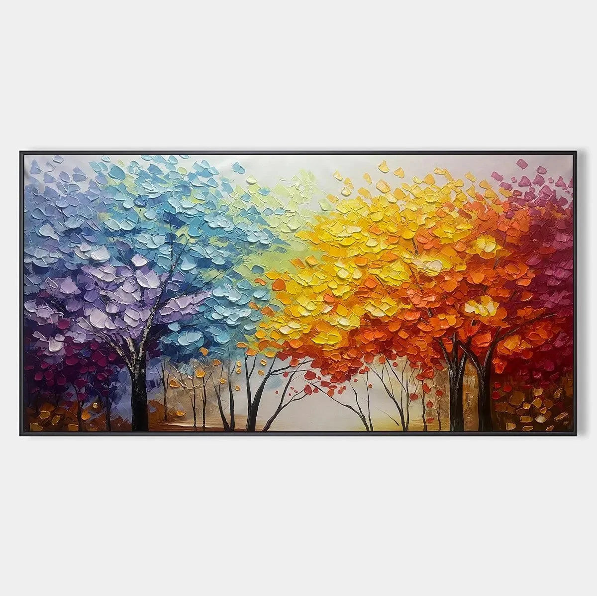 AUTUMN RAINBOW: Panoramic Tree Painting in Vibrant Colors, Textured Canvas, Modern Wall Art | hanging in living room, textured wall art