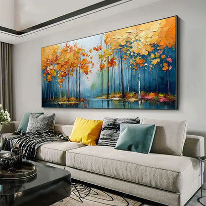 AUTUMN REFLECTIONS: Colorful Autumn Forest Landscape Oil Painting | gold frame stretched on neutral wall