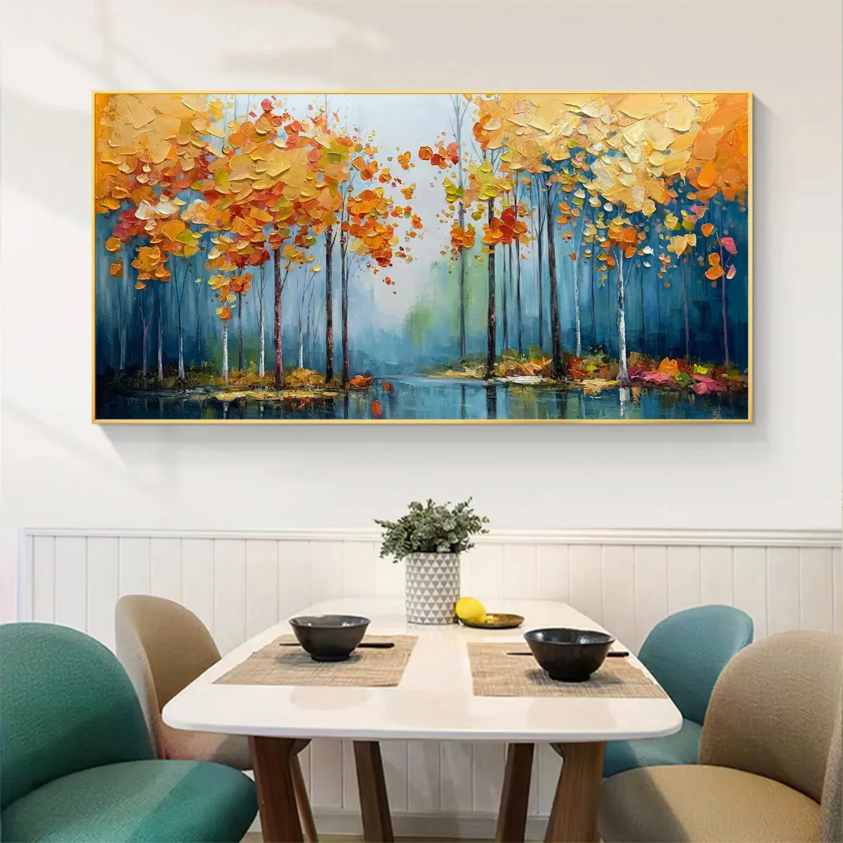 AUTUMN REFLECTIONS: Colorful Autumn Forest Landscape Oil Painting | black frame version on white wall