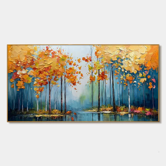 AUTUMN REFLECTIONS: Colorful Autumn Forest Landscape Oil Painting | hanging in living room, textured wall art