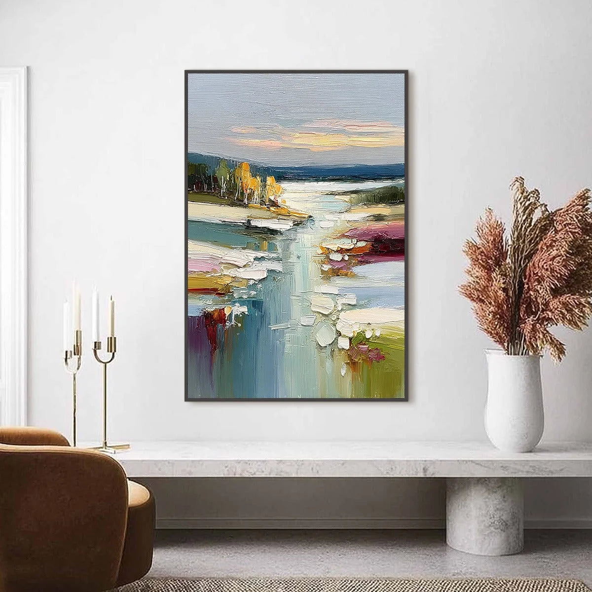 AUTUMN REFLECTIONS: Textured Abstract River Landscape Painting | textured closeup, raised brushwork detail