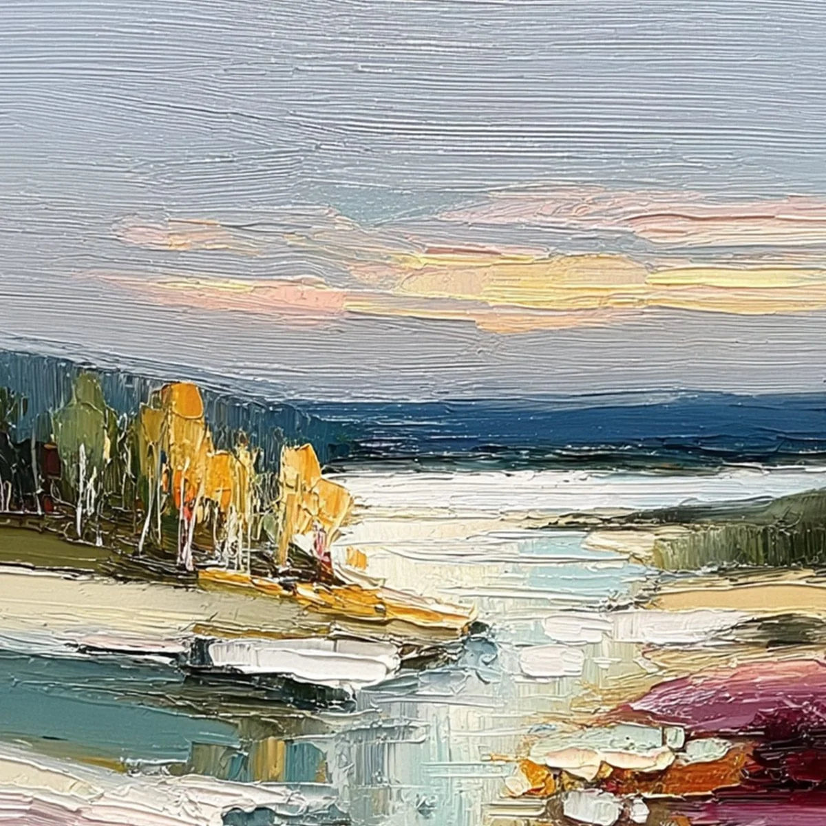 AUTUMN REFLECTIONS: Textured Abstract River Landscape Painting | rectangular format, hand-painted canvas edge