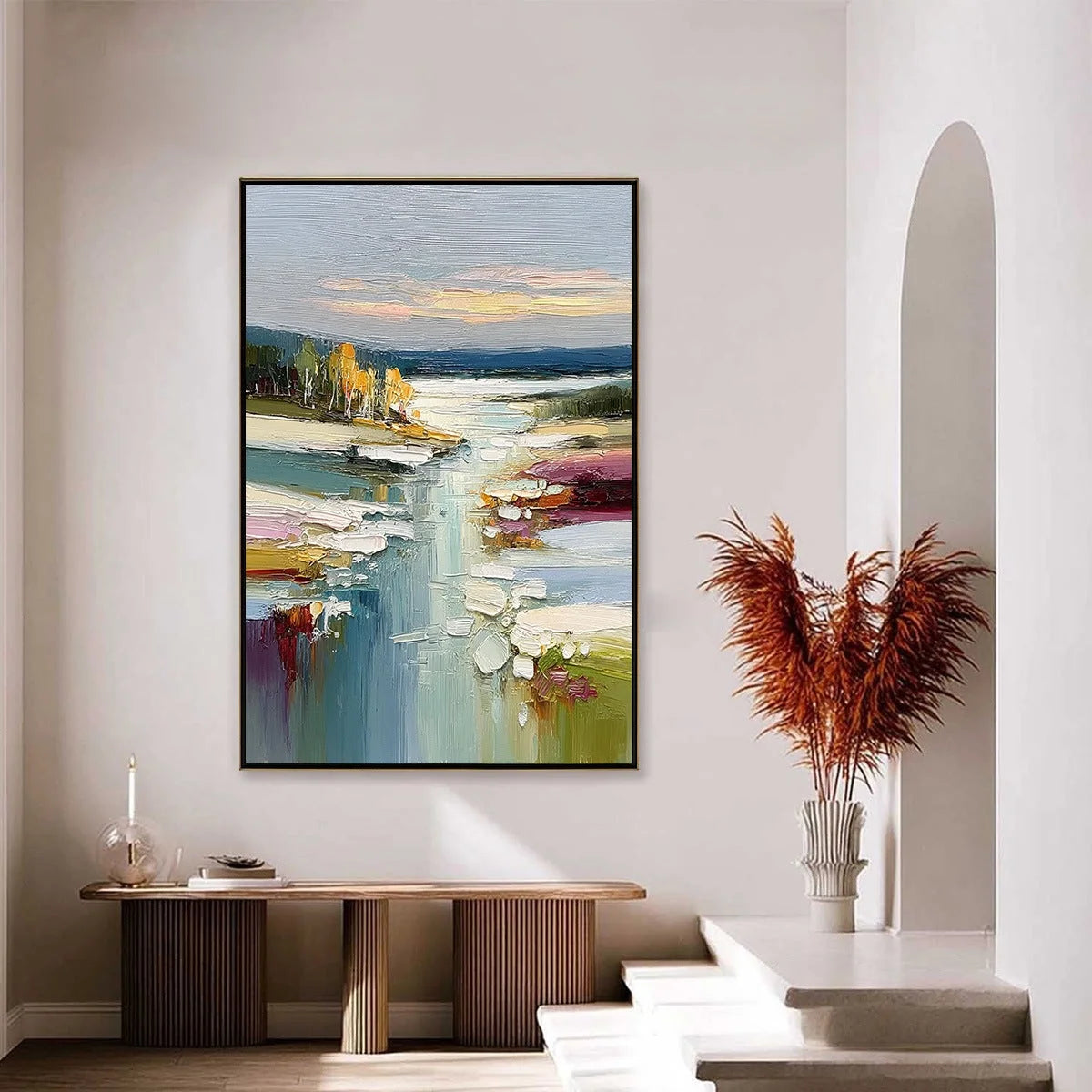 AUTUMN REFLECTIONS: Textured Abstract River Landscape Painting | gold frame stretched on neutral wall