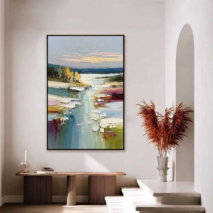 AUTUMN REFLECTIONS: Textured Abstract River Landscape Painting | gold frame stretched on neutral wall