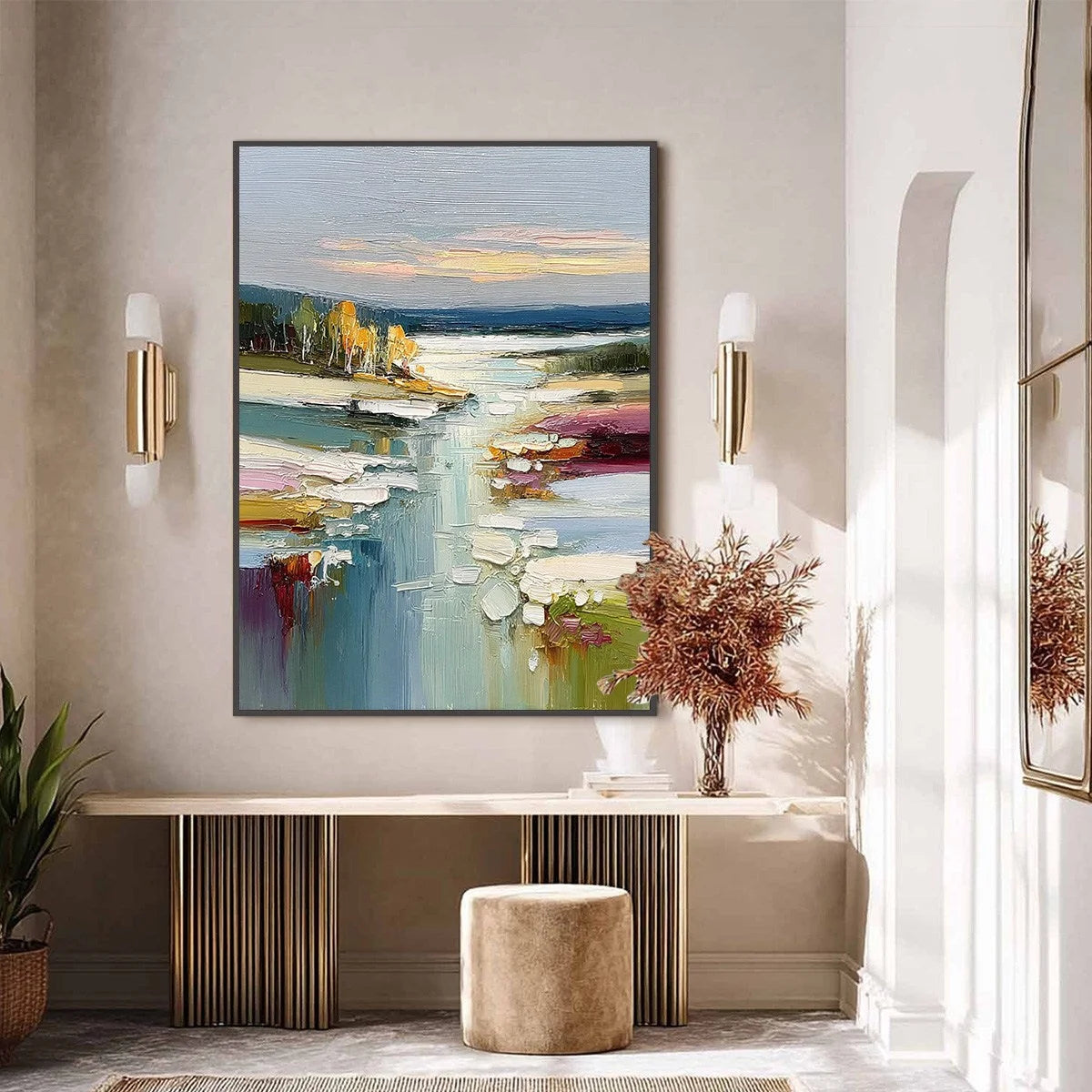AUTUMN REFLECTIONS: Textured Abstract River Landscape Painting | black frame version on white wall