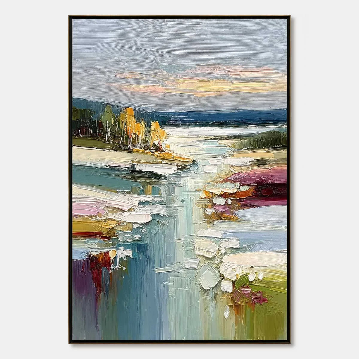 AUTUMN REFLECTIONS: Textured Abstract River Landscape Painting | hanging in living room, textured wall art