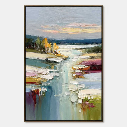 AUTUMN REFLECTIONS: Textured Abstract River Landscape Painting | hanging in living room, textured wall art