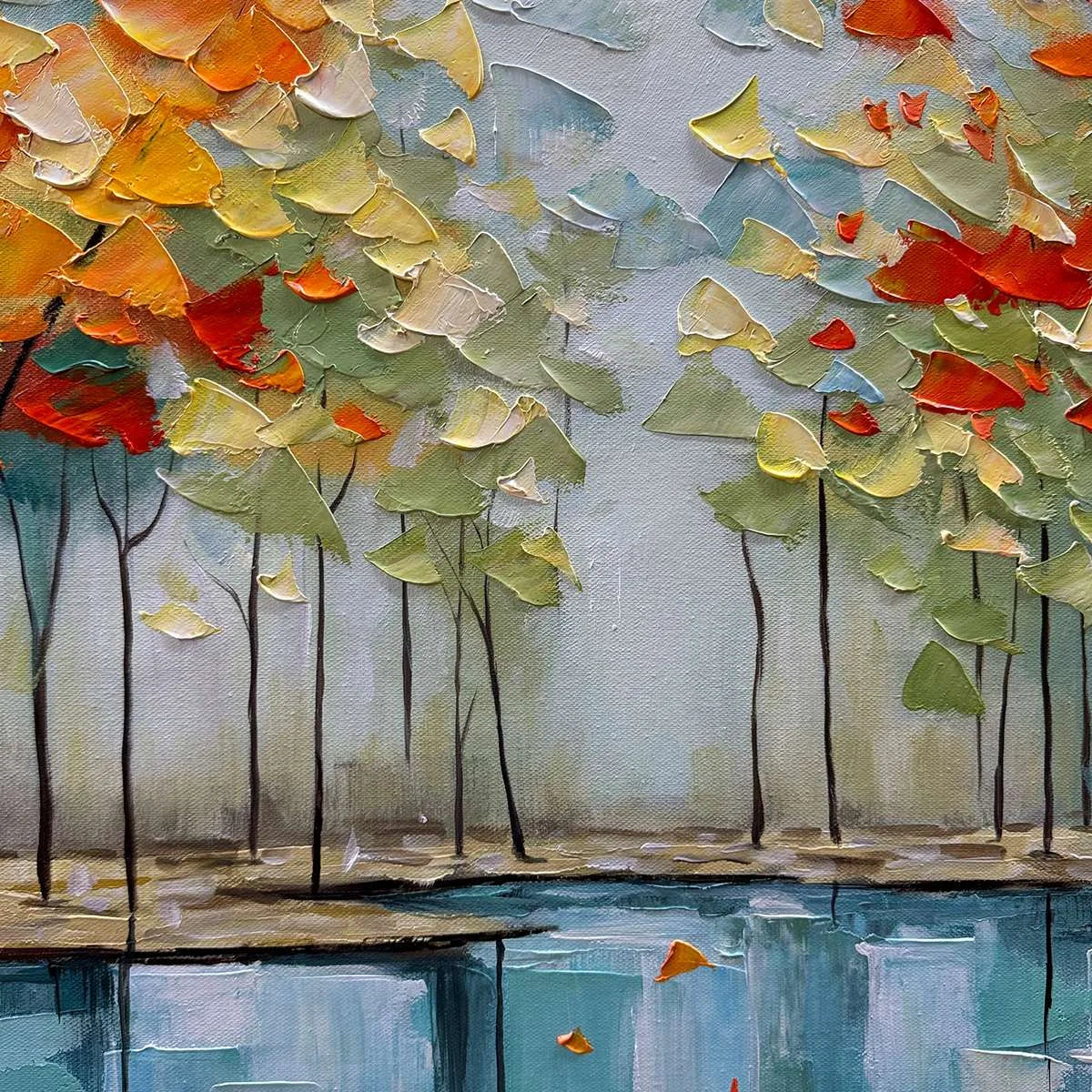 AUTUMN REFLECTIONS: Textured Landscape Oil Painting | rectangular format, hand-painted canvas edge