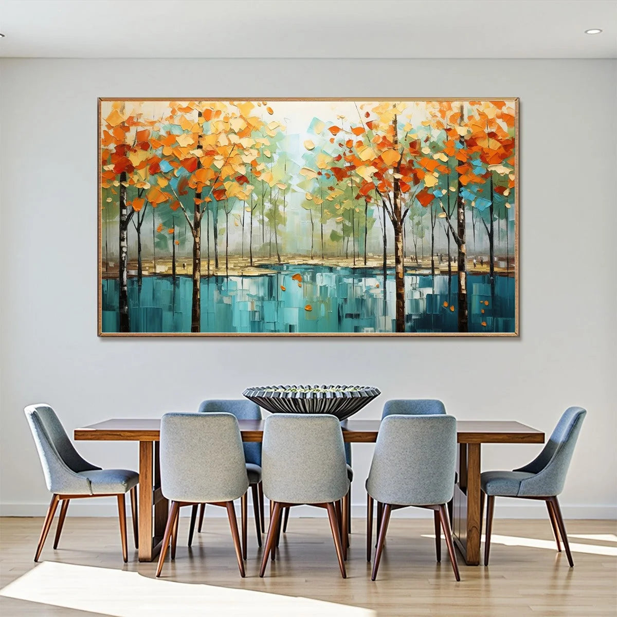 AUTUMN REFLECTIONS: Textured Landscape Oil Painting | gold frame stretched on neutral wall