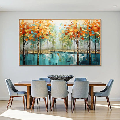 AUTUMN REFLECTIONS: Textured Landscape Oil Painting | gold frame stretched on neutral wall