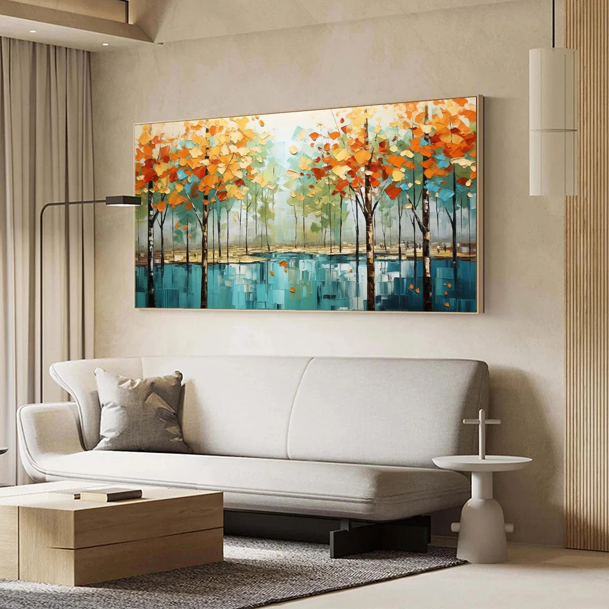 AUTUMN REFLECTIONS: Textured Landscape Oil Painting | black frame version on white wall